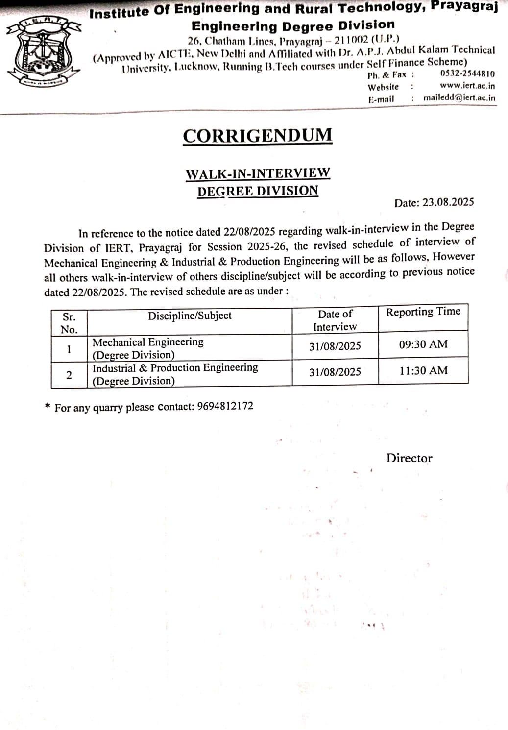 CORRIGENDUM WALK-IN-INTERVIEW DEGREE DIVISION