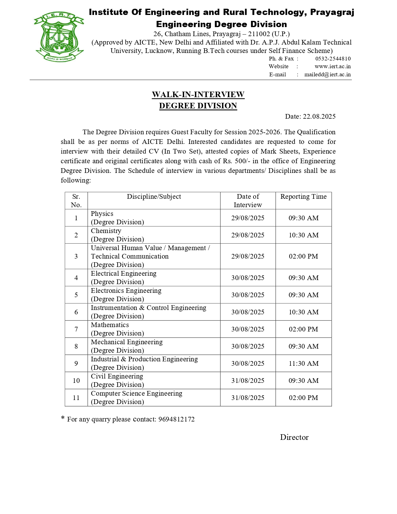 Walk in Interview Schedule for Guest Faculty in Degree Division