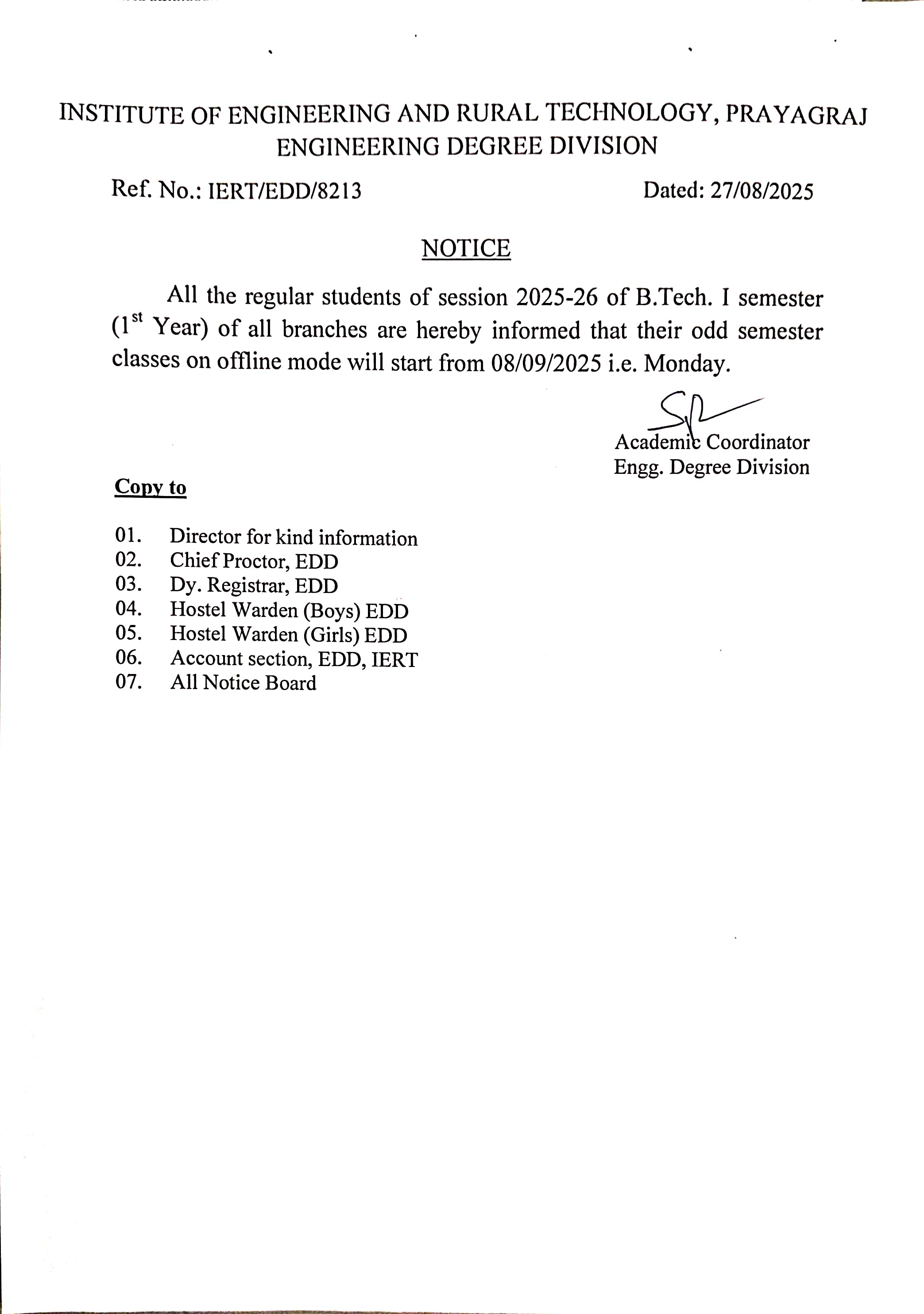 1st Year odd semester classes on offline mode