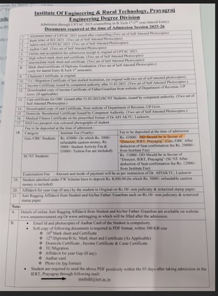 Documents required at the time of Admission Session 2025-26