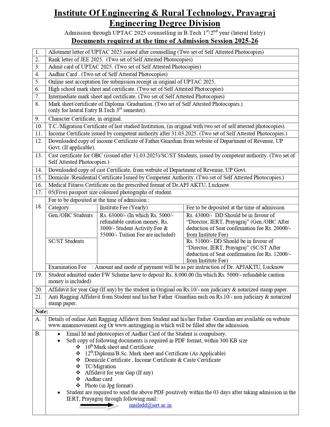 Documents required at the time of Admission
